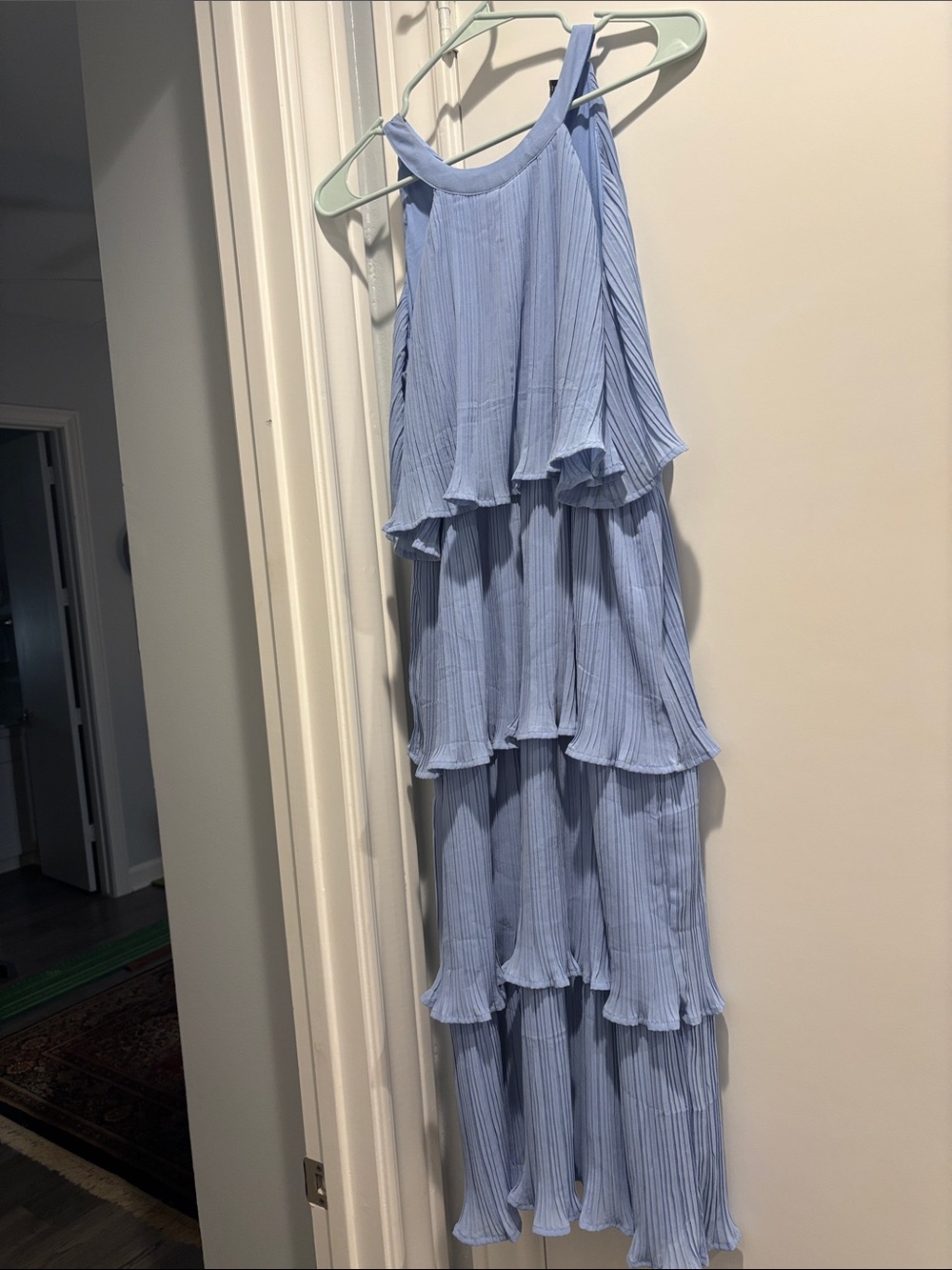 Tiered Light Blue Pleated Maxi Dress